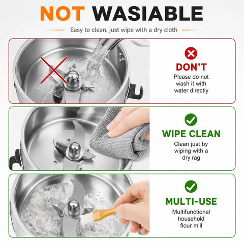 Heavy Duty Electric Grain Mill Grinder 2000W High Speed Stainless Steel Powder Machine cleaning instructions with wipe cloth.