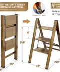 Lightweight Aluminum 3 Step Folding Ladder with Wide Anti Slip Pedals, 330 Lb Capacity, Easy Open and Fold, size details shown