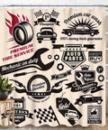 Garage Shower Curtain For Bathroom With Car Themed Retro Vintage Man Cave Style, Waterproof Fabric Curtain Set With Hooks, 72x72 Inches