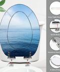 Elongated Resin Toilet Seat for Bathroom with ocean design, stainless steel hinges, grip-tight bumpers, and quick release features.