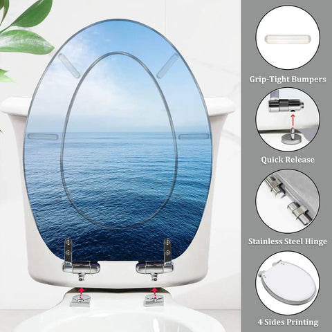 Elongated Resin Toilet Seat for Bathroom with ocean design, stainless steel hinges, grip-tight bumpers, and quick release features.