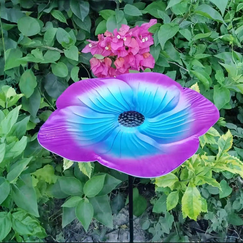 Bee Watering Station 1 Pack Bird Bath And Butterfly Cup With Flower Design Weather Resistant Metal Stakes For Outdoor Garden Yard Decor Purple Perfect For Attracting Bees And Butterflies With No Fuss Easy Setup, flower-shaped basin in garden.