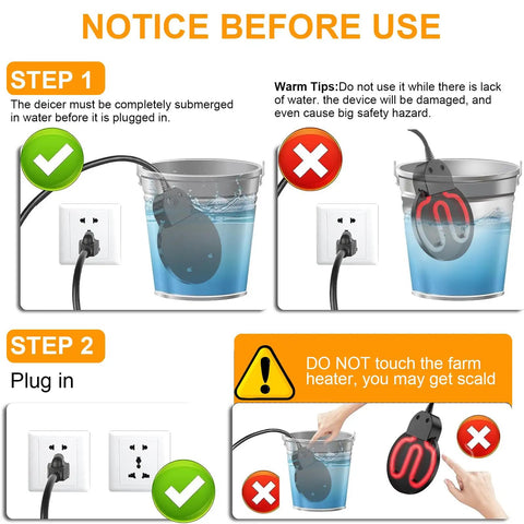 Instructions for using Ditch The Daily Ice Chipping Grind With This Heavy Duty 500W Poultry Water Heater with safety tips.