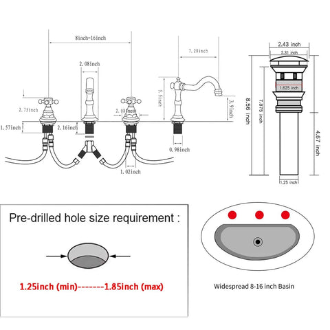 Super Stylish Two Handle Widespread Bathroom Sink Faucet In Warm Antique Brass Finish Including Matching Metal Pop Up Drain With Overflow For Your Vanity Basin Perfect Solid Brass Build Adjustable 8 To 16 Inch Centers diagram