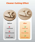 ACMER honeycomb laser bed 300x300mm, infographic showing two circular wooden samples with before/after cuts.