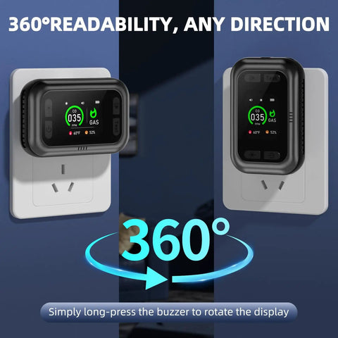 5 In 1 Carbon Monoxide And Gas Detector With Dual Alarm Built In Battery Plug In For Home RV Camping Travel Temperature And Humidity Black Real Time Alerts And Battery Backup For Peace Of Mind No Fuss shown plugged into wall displaying 360-degree readability feature
