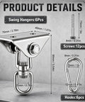 Six Pack Heavy Duty Swing Hangers For Wood Sets Up To 1000 Lbs Each, 360 Degree Swivel Stainless Steel Hammock Hardware Kit For Porch Playground Indoor Yoga Outdoor Fun Built To Last. Product details showing 6 swing hangers, hooks, and screws