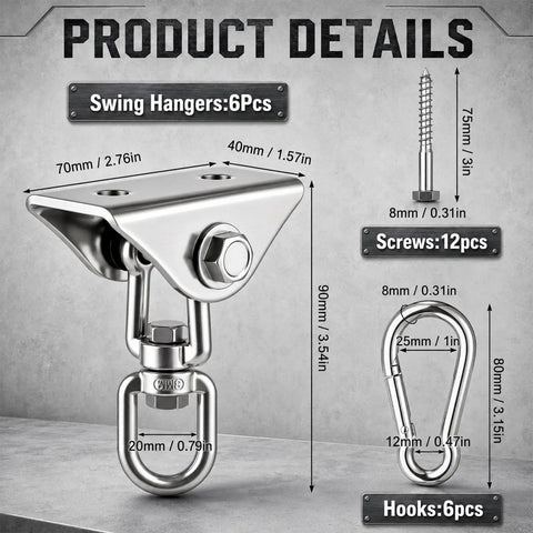 Six Pack Heavy Duty Swing Hangers For Wood Sets Up To 1000 Lbs Each, 360 Degree Swivel Stainless Steel Hammock Hardware Kit For Porch Playground Indoor Yoga Outdoor Fun Built To Last. Product details showing 6 swing hangers, hooks, and screws