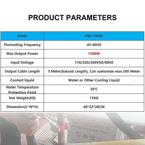 Product parameters for Heavy Hitter 1500 Watt Induction Bolt Heater And Stuck Fastener Remover With Built In Water Cooling.
