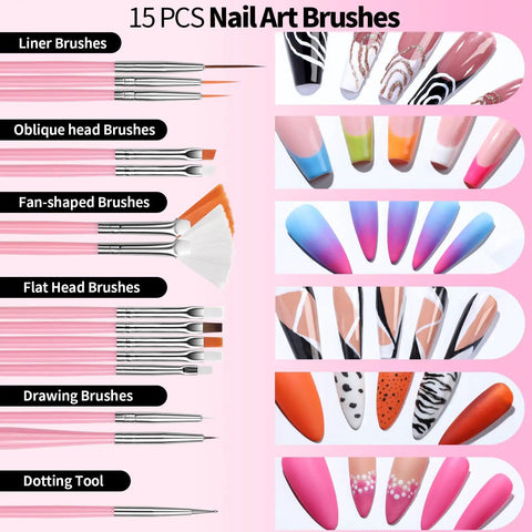 All-In-One Nail Art Kit With 15 Brushes, 5 Dotting Tools, Magnetic Nail Stands, Nail Holder And Palette Essential Nail Design Tools