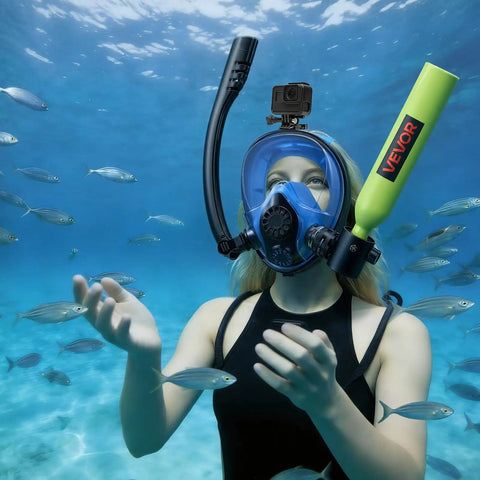 Diver using Mini 0.5L Scuba Tank Portable Underwater Breathing Cylinder For Short Dives Up To 10 Minutes, surrounded by fish.