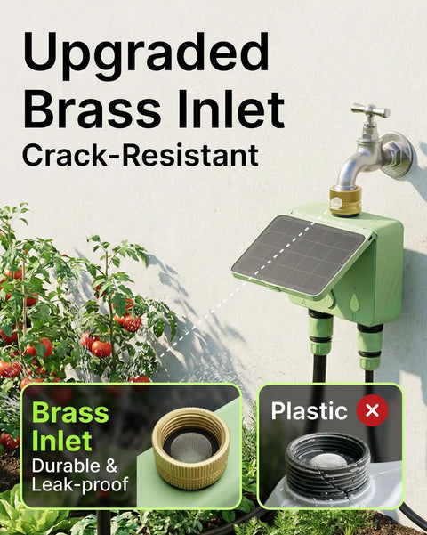 Two Zone Smart Garden Sprinkler Timer With Flow Meter For Hose, Solar Powered Controller attached to tap with brass inlet