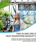 Solar Exhaust Fan Kit With 25W Solar Panel And Three Vent Fans in greenhouse setting, airflow illustration above woman.