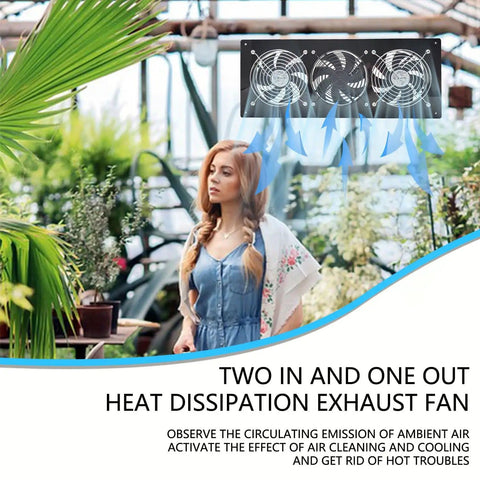 Solar Exhaust Fan Kit With 25W Solar Panel And Three Vent Fans in greenhouse setting, airflow illustration above woman.