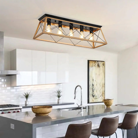 Kitchen with 31.5 Inch Flush Mount Five Light Vintage Industrial Cage Chandelier For Dining Room Kitchen Island And Living Room Dimmable
