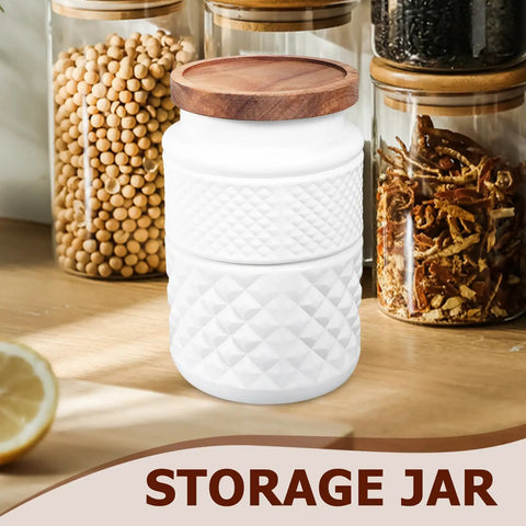 Premium Heavy Duty Frosted Glass Coffee Storage Jars With Airtight Wooden Lid, white textured jar on kitchen counter.