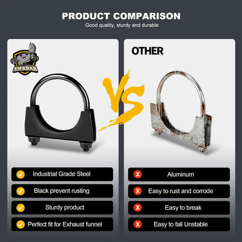 Comparison of Heavy-Duty 5.0 Inch Exhaust Clamps Set - Rust-Proof Black Saddle-Style U-Bolt vs rusted metal clamp