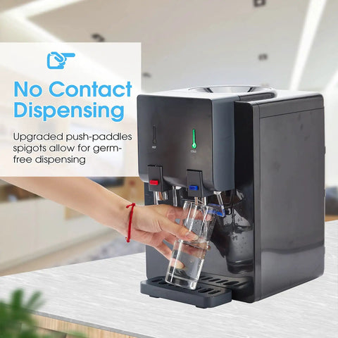 Countertop Water Cooler Dispenser For Home Office Dorms Black Holds 3 Or 5 Gallon Jug with hot and cold spigots and no-contact dispensing