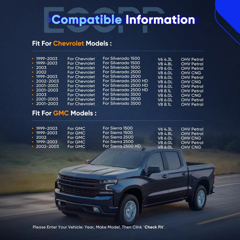 Compatibility chart for Fuel Pump Assembly E3501M with Sending Unit for Chevy and GMC models from 1999 to 2006, featuring a truck image.
