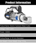 1000W Electric Hydraulic Rebar Cutter With Heavy Duty Pure Copper Motor And Hardened Quenched Head For Smooth Cutting 4-16Mm Steel Rods side view of tool detailing specifications