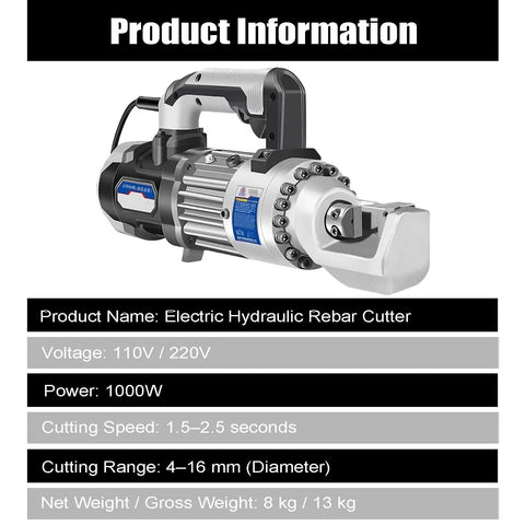 1000W Electric Hydraulic Rebar Cutter With Heavy Duty Pure Copper Motor And Hardened Quenched Head For Smooth Cutting 4-16Mm Steel Rods side view of tool detailing specifications