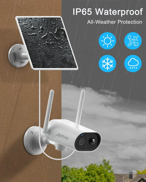 Wireless Outdoor Security Camera With Solar Panel, 2K Solar Powered, IP65 Waterproof mounted outdoors in rain showing durability.