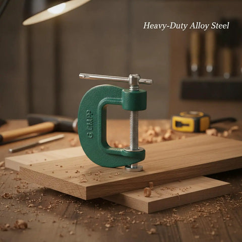 Heavy Duty Heavy Alloy Quick Adjust G Clamp For Woodworking And Welding Projects, securing wood pieces on workbench.