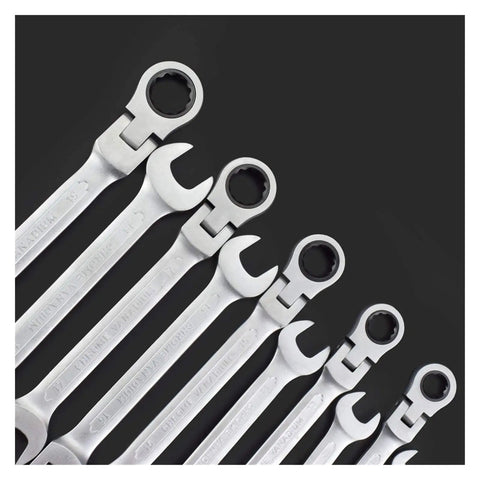 Ratchet Spanner Set With Multitool Keys For Quick Car Repairs, Beefy Pro Grade Combination Wrench Tool Kit on dark background