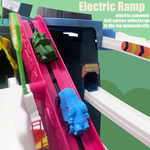 Two dino cars on electric ramp of Awesome Toy Car Ramp Track With Dinosaur Spray Hills Adventure Railcar Slot Car Race Set For Kids Ages 3 To 6 Includes 20 Mini Cars And Dino Cars Classic Edition Gift.