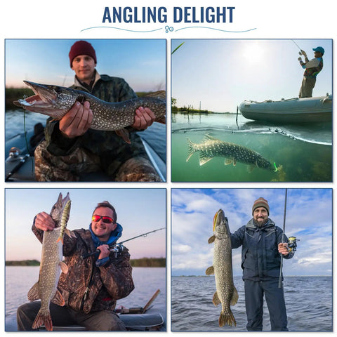 Collage of anglers holding pike, showcasing freshwater fishing trip with All In One Fishing Lures Kit With 92 Pcs Tackle Box.