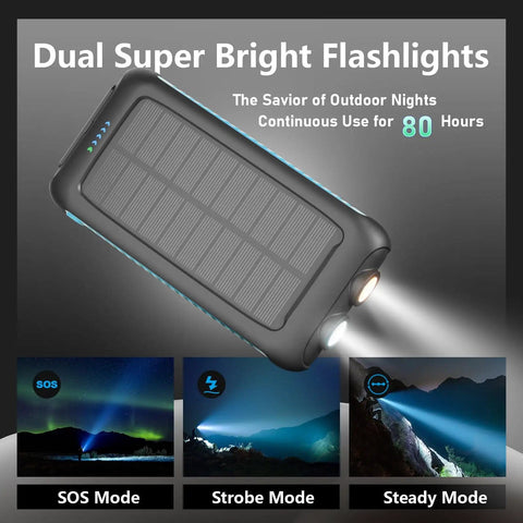Maxed-Out 49800mAh Solar Power Bank With 15W Fast Charging, QC3.0 USB-C and Dual USB-A, built-in flashlight in use