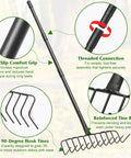 Heavy Duty Garden Rake for Leaves and Debris with 60 Inch Adjustable Handle, Wide Bow Head, Metal Tines with 90 Degree Curved Design.