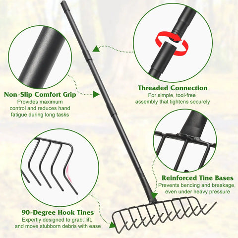 Heavy Duty Garden Rake for Leaves and Debris with 60 Inch Adjustable Handle, Wide Bow Head, Metal Tines with 90 Degree Curved Design.