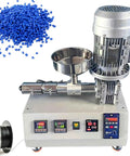 Desktop 3D Printer Filament Extruder Machine, Straight Up Single Screw Pellet Maker, features display and plastic pellets.