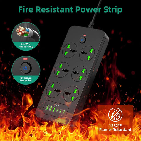 Power Strip With 6 Universal Outlets And 3 USB-C Ports Plus USB-A, 11-Device Charging, fire-resistant and overload protection features