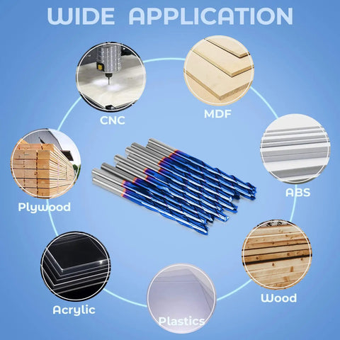 CNC Router Bits Set One Eighth Inch Shank Flat Nose Carbide End Mills Two Flute Spiral Upcut Milling Cutter Kit application diagram