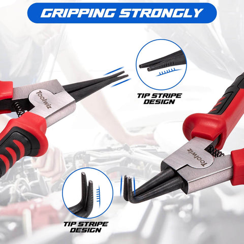 4 Piece Snap Ring Pliers Set For Internal And External Retaining Rings, 7 Inch Heavy Duty Circlip Pliers With Tip Stripe Design