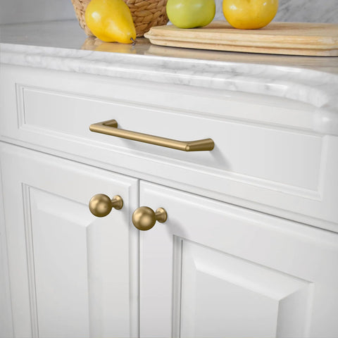 Champagne Bronze Cabinet Pulls 10 Pack 5 Inch Center To Center 128mm installed on white kitchen drawer