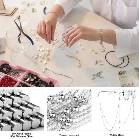 33ft 2mm Stainless Steel Satellite Bead Chain Roll Bulk For Jewelry Making, 304 Stainless Steel Nickel Free And Lead Free Cable Chain With 4mm Beads, Ideal For Necklaces, Bracelets, And Artisan Jewelry Projects in silver jewelry making scene