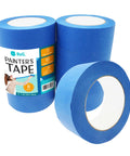Four rolls of Blue Painter Tape 2 Inch Wide, 8 Rolls Total, 440 Yards Masking Tape For Walls Glass Wood Trim, visible at varying angles.
