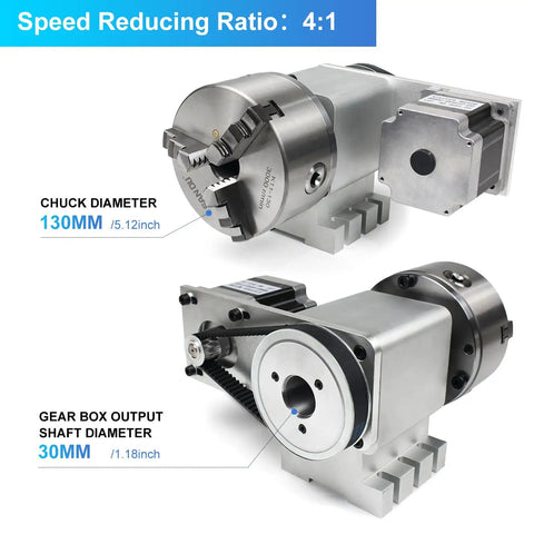 Heavy Duty CNC Fourth Axis Rotation Kit With 130Mm Three Jaw Chuck And Tailstock Smooth Four To One Reduction Drive, showing 130mm chuck and gearbox details.