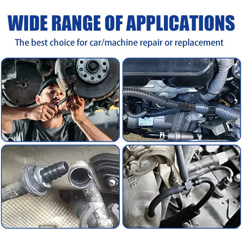 BELOMI 113-piece vacuum connector kit; nylon tees and hose adapters; collage showing installation and engine bay use