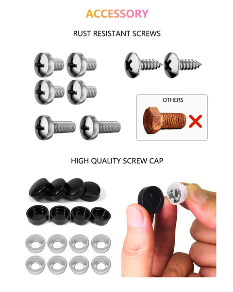 Rust-resistant screws and caps for Front License Plate Holder Bracket Black Universal ABS Mounting Kit Frame with accessories
