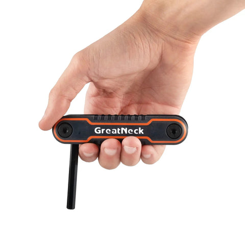 Hand holding 25 Piece Folding Hex Key Set SAE And Metric With Color Coded Bodies And Labeled Sizes Allen Wrenches Folding