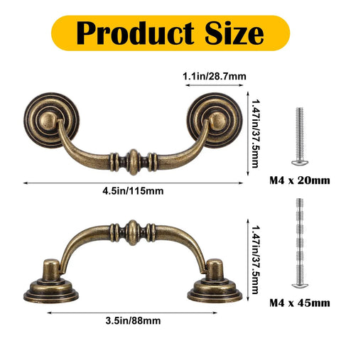 12 Pack Antique Bronze Drop Bail Pulls For Cabinets And Dressers, 3.5 Inch Center To Center, showing dimensions and screws.