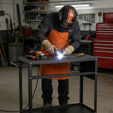 Welder using a 36 By 18 Inch Welding Table With 0.63 Inch Fixture Holes, Non Slip Foot Pads, Built To Last Carbon Steel Frame