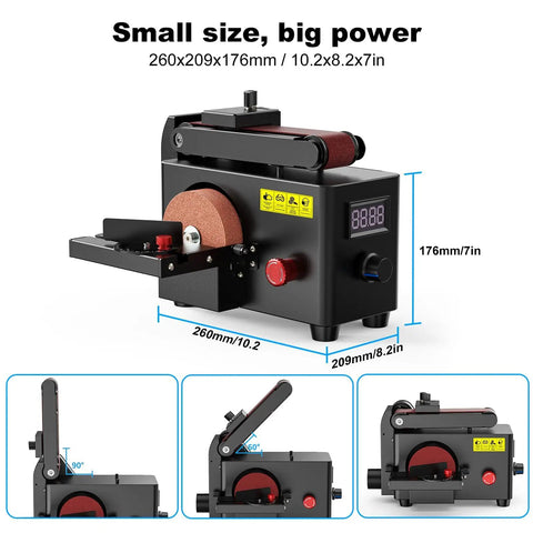 Heavy Hitter 200W Mini Belt and Disc Sander Produces 8500RPM for Wood Metal Plastic with digital display and adjustable angle.