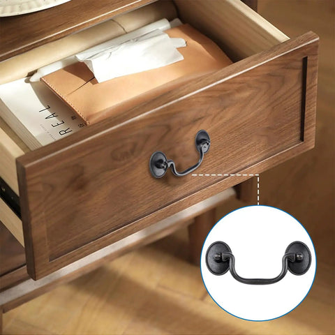 Oil Rubbed Bronze Ring Pull Handles 4 Pack on wooden drawer, vintage style cabinet drawer pulls with 86mm center hole.