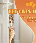 Heavy Duty Adjustable Cat Door Latch Keeps Pups Out While Cats Roam Free 2.5 To 6 Inch White Two Pack in use, dog and cat at door.