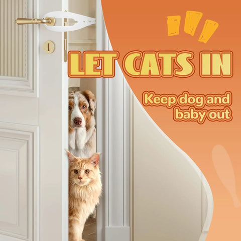 Heavy Duty Adjustable Cat Door Latch Keeps Pups Out While Cats Roam Free 2.5 To 6 Inch White Two Pack in use, dog and cat at door.
